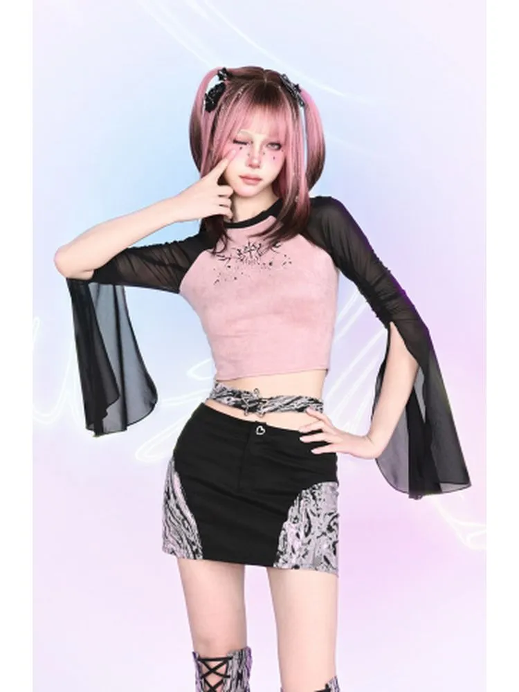 raglan sleeves mesh slim waist top