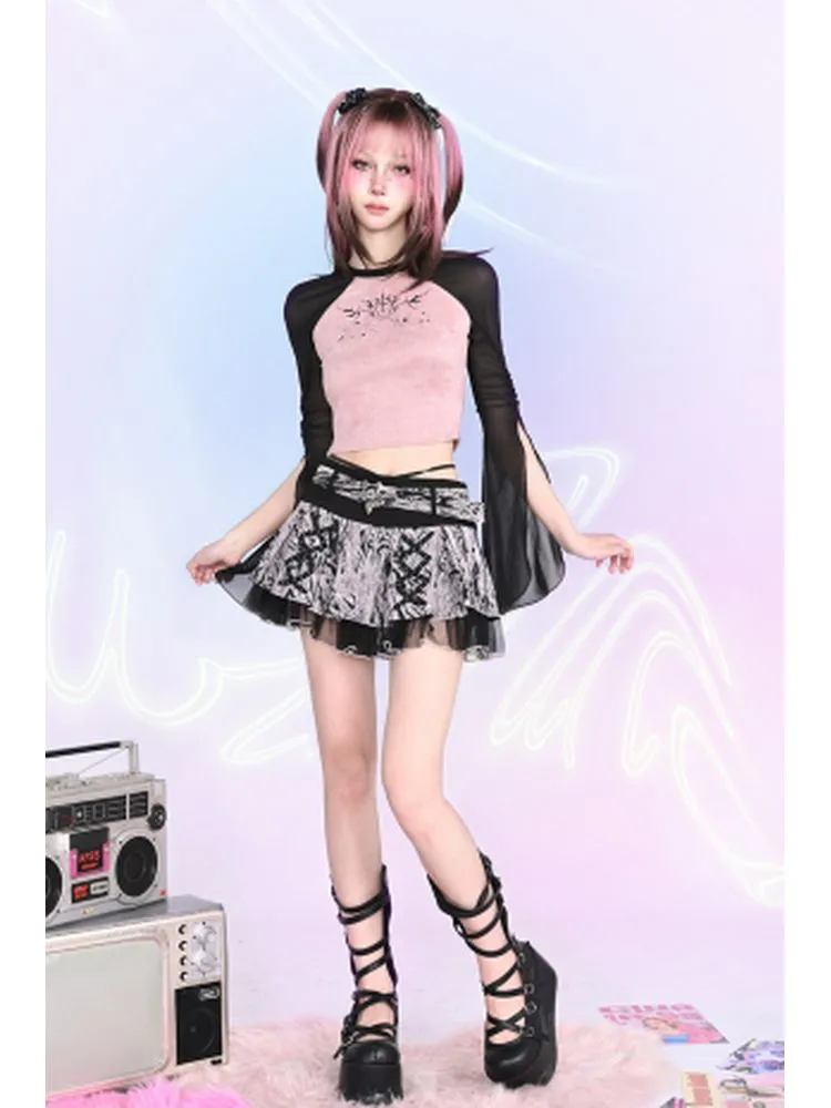 raglan sleeves mesh slim waist top
