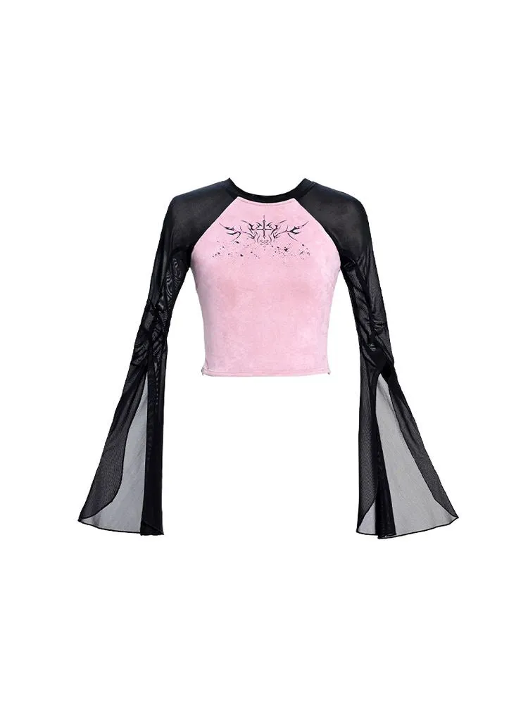 raglan sleeves mesh slim waist top