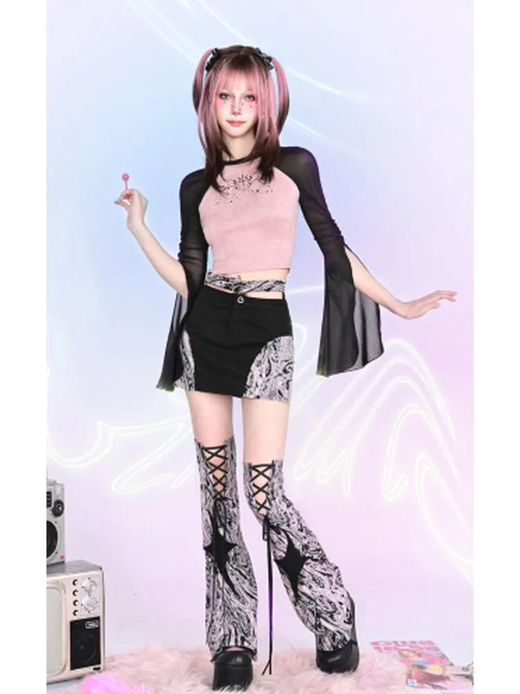 raglan sleeves mesh slim waist top