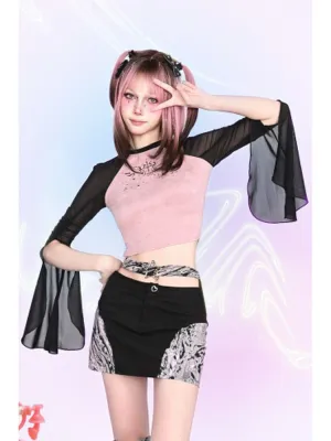 raglan sleeves mesh slim waist top