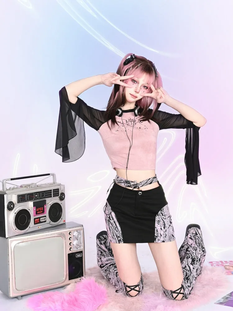 raglan sleeves mesh slim waist top