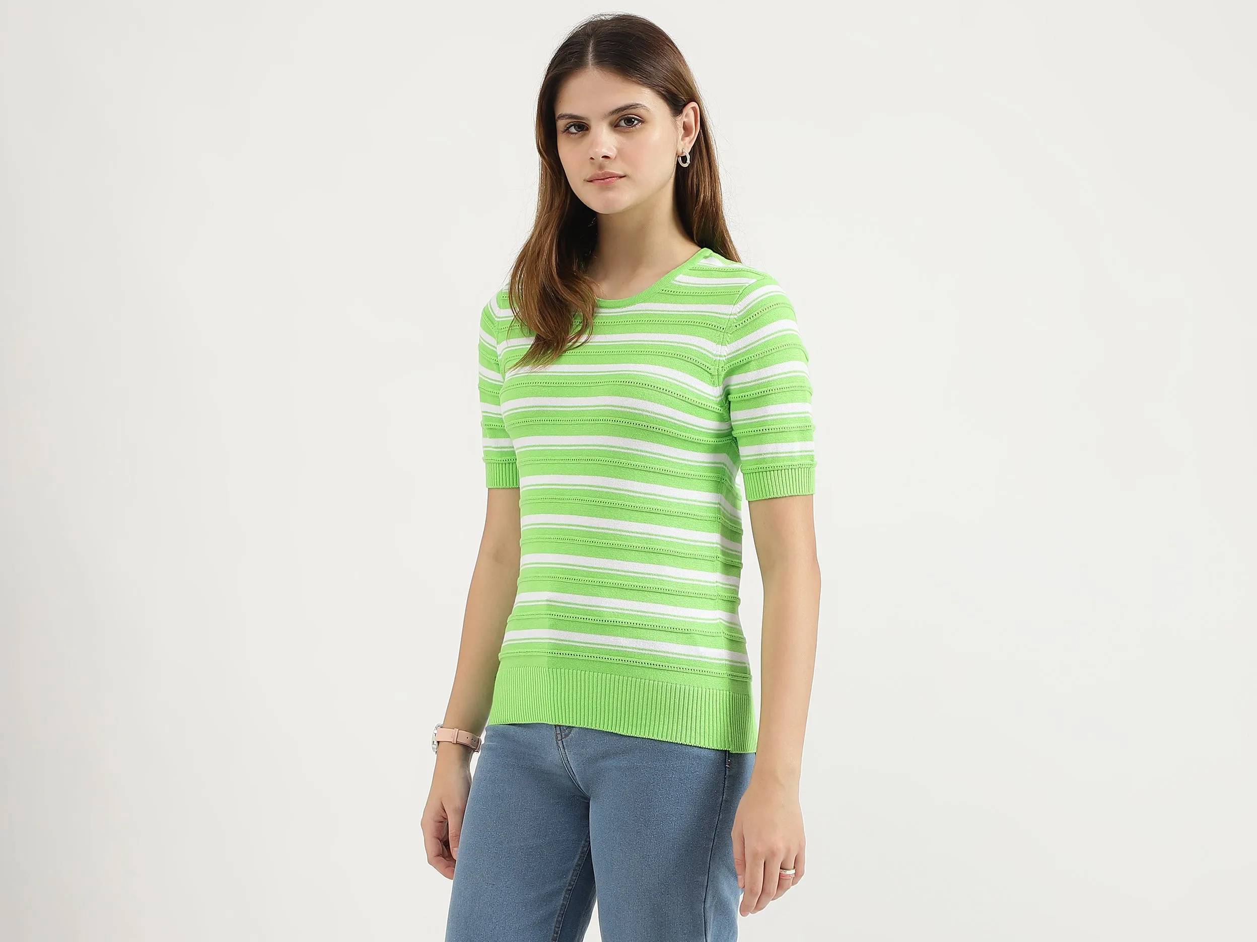 Regular Fit Round Neck Striped Tops
