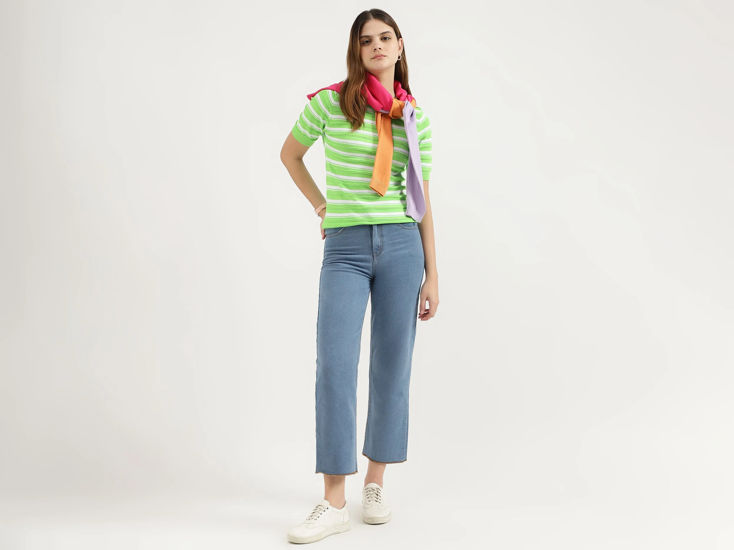 Regular Fit Round Neck Striped Tops