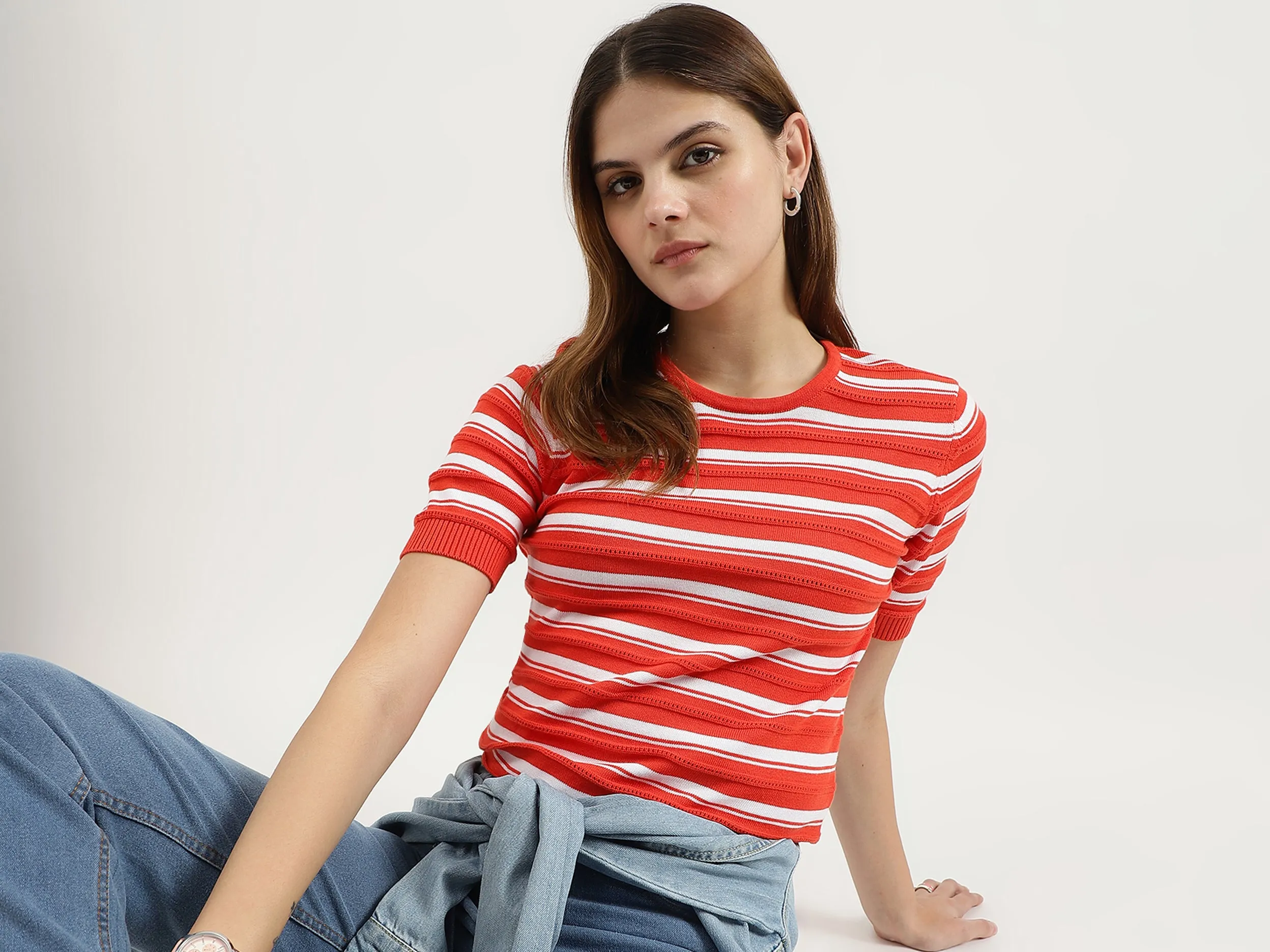 Regular Fit Round Neck Striped Tops