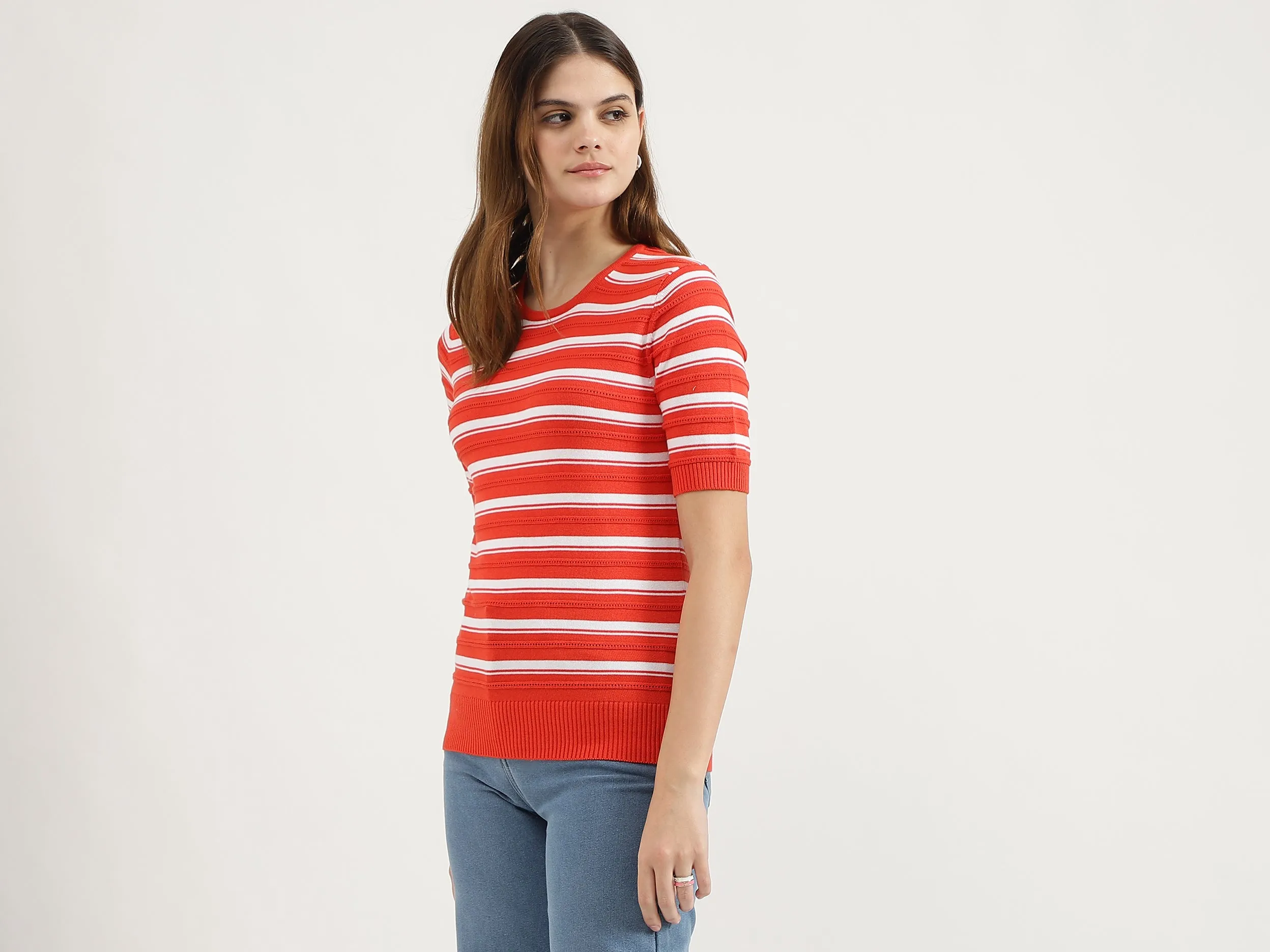 Regular Fit Round Neck Striped Tops