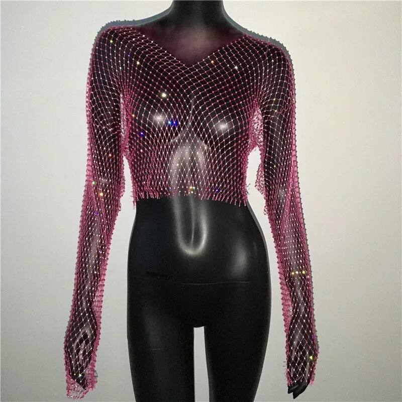 Rhinestone Fishnet Mesh Crop Top