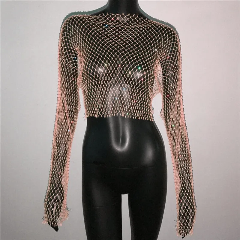 Rhinestone Fishnet Mesh Crop Top