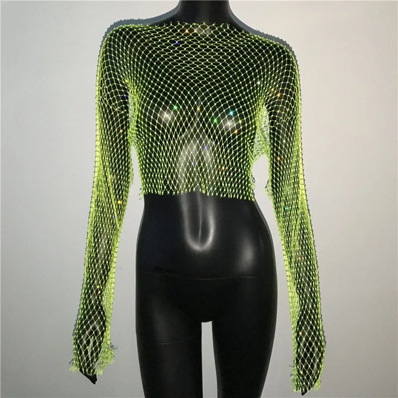 Rhinestone Fishnet Mesh Crop Top
