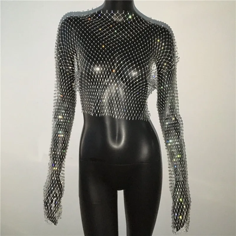Rhinestone Fishnet Mesh Crop Top