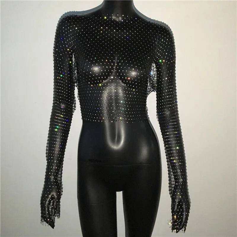 Rhinestone Fishnet Mesh Crop Top