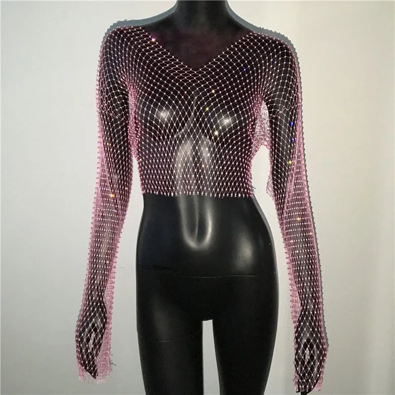 Rhinestone Fishnet Mesh Crop Top