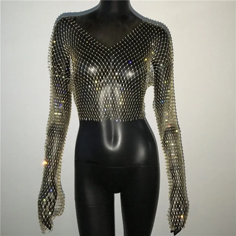 Rhinestone Fishnet Mesh Crop Top