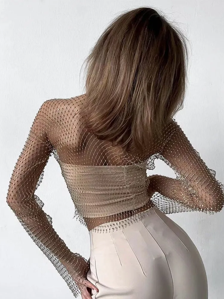 Rhinestone Fishnet Mesh Crop Top
