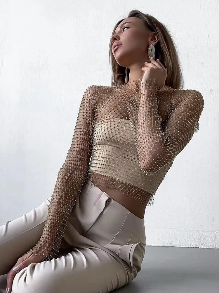 Rhinestone Fishnet Mesh Crop Top
