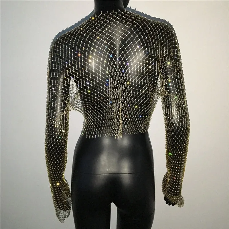 Rhinestone Fishnet Mesh Crop Top