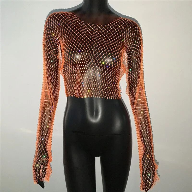 Rhinestone Fishnet Mesh Crop Top