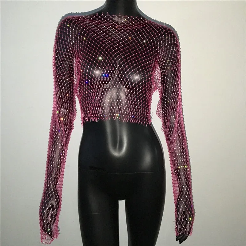 Rhinestone Fishnet Mesh Crop Top
