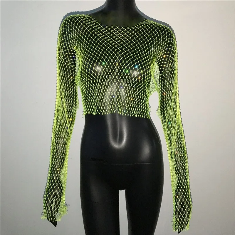 Rhinestone Fishnet Mesh Crop Top