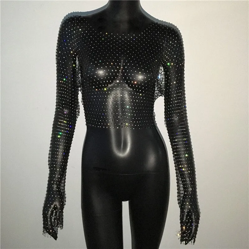 Rhinestone Fishnet Mesh Crop Top