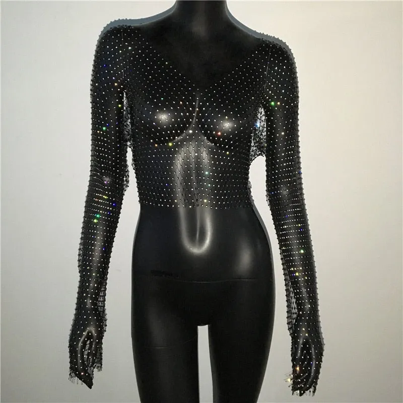 Rhinestone Fishnet Mesh Crop Top