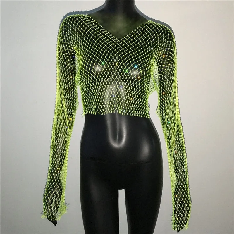 Rhinestone Fishnet Mesh Crop Top