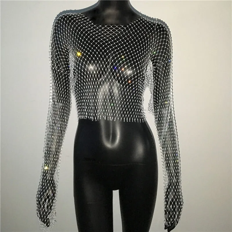 Rhinestone Fishnet Mesh Crop Top