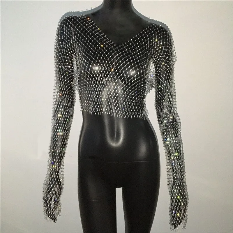 Rhinestone Fishnet Mesh Crop Top