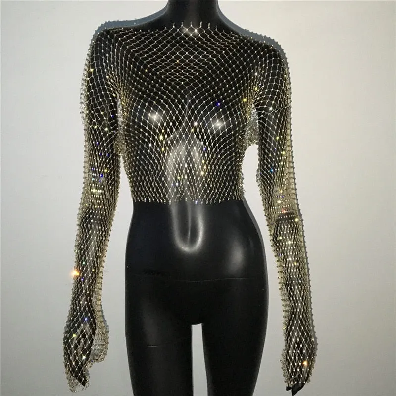 Rhinestone Fishnet Mesh Crop Top