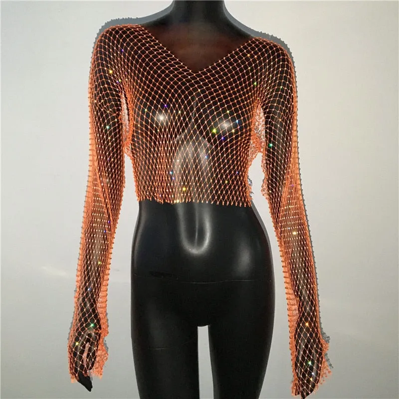 Rhinestone Fishnet Mesh Crop Top
