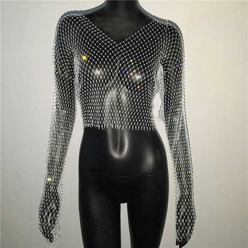 Rhinestone Fishnet Mesh Crop Top