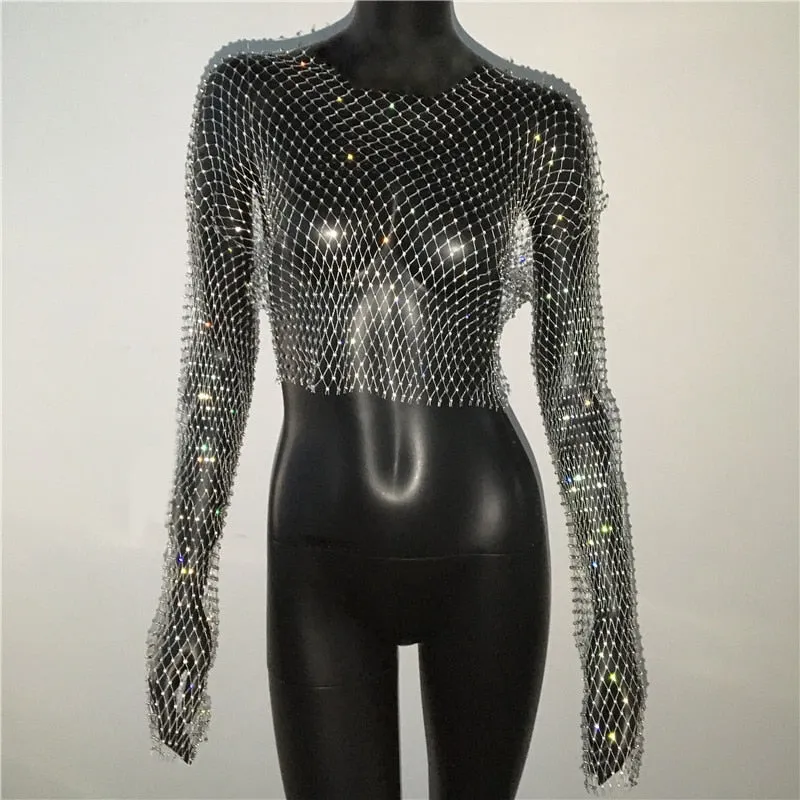 Rhinestone Fishnet Mesh Crop Top