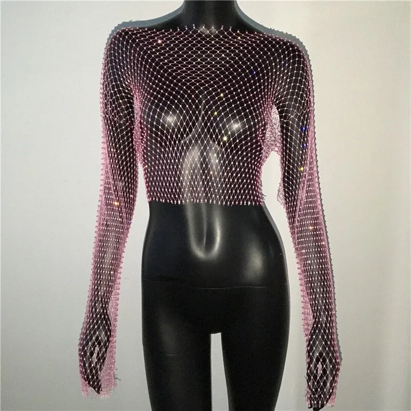 Rhinestone Fishnet Mesh Crop Top