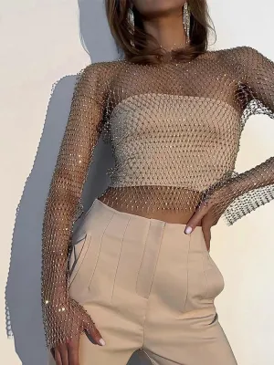Rhinestone Fishnet Mesh Crop Top