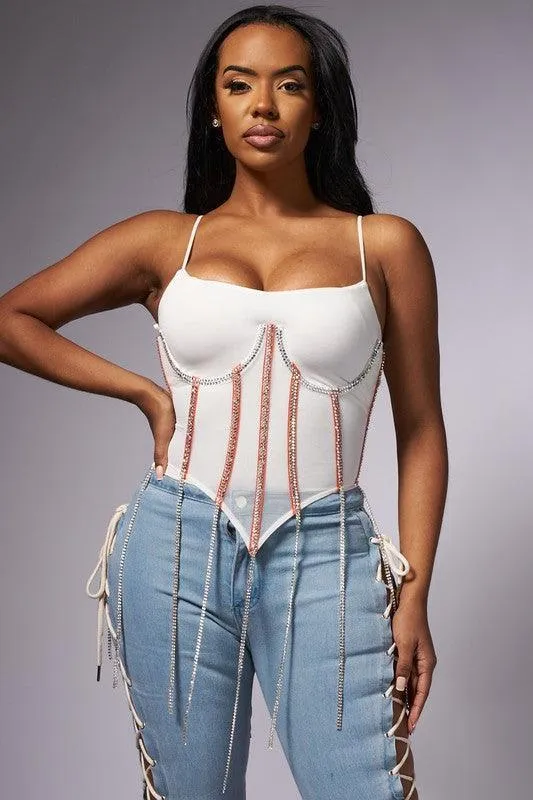 RHINESTONE FRINGE SHEER MESH CORSET TOP