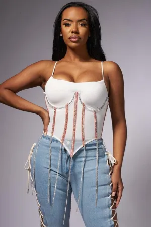 RHINESTONE FRINGE SHEER MESH CORSET TOP