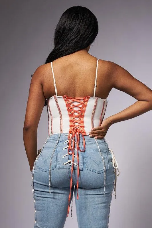 RHINESTONE FRINGE SHEER MESH CORSET TOP
