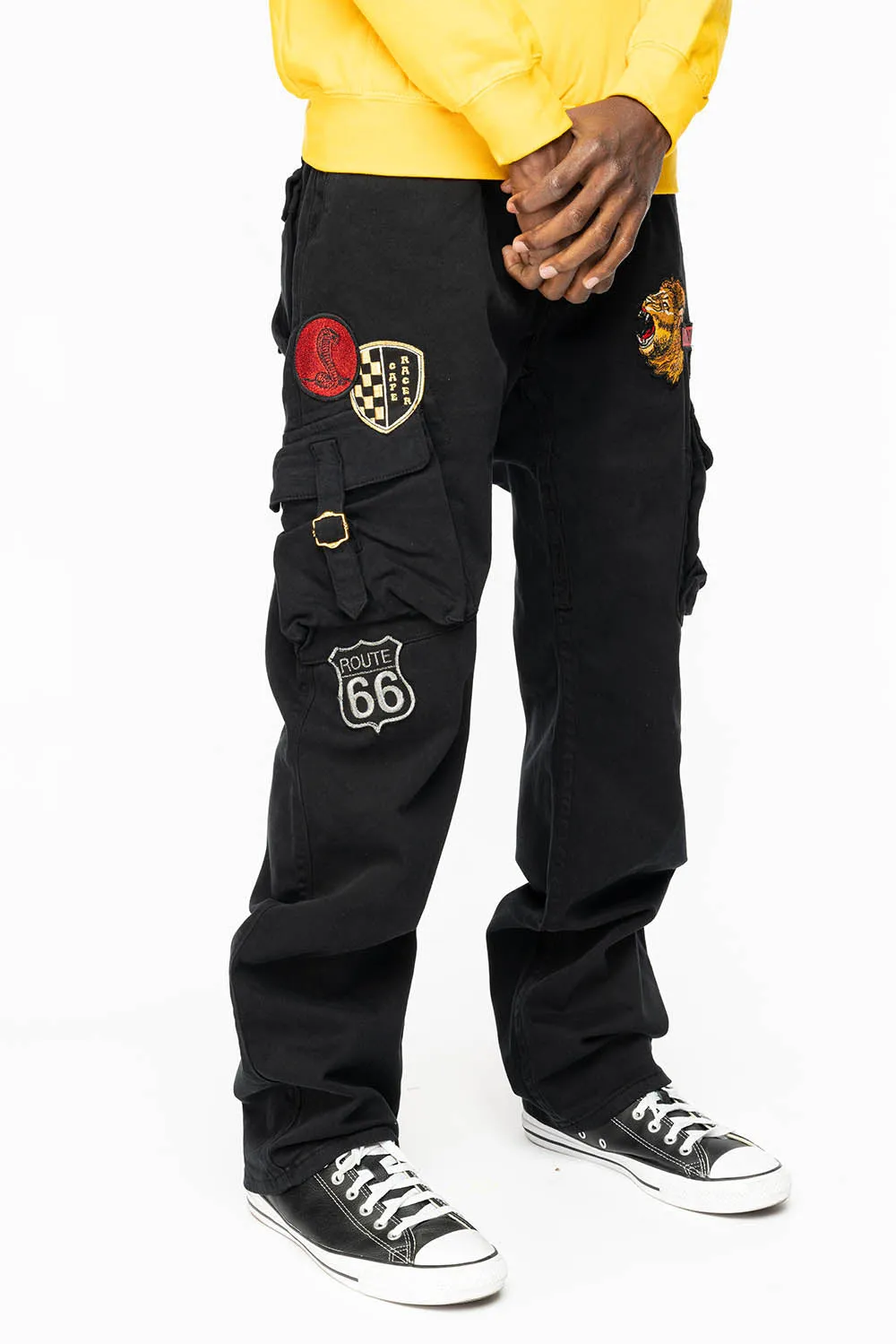 ROBINS NEW MILITARY STYLE CARGO PANTS IN BLACK COLOR WITH MULTIPLE PATCH