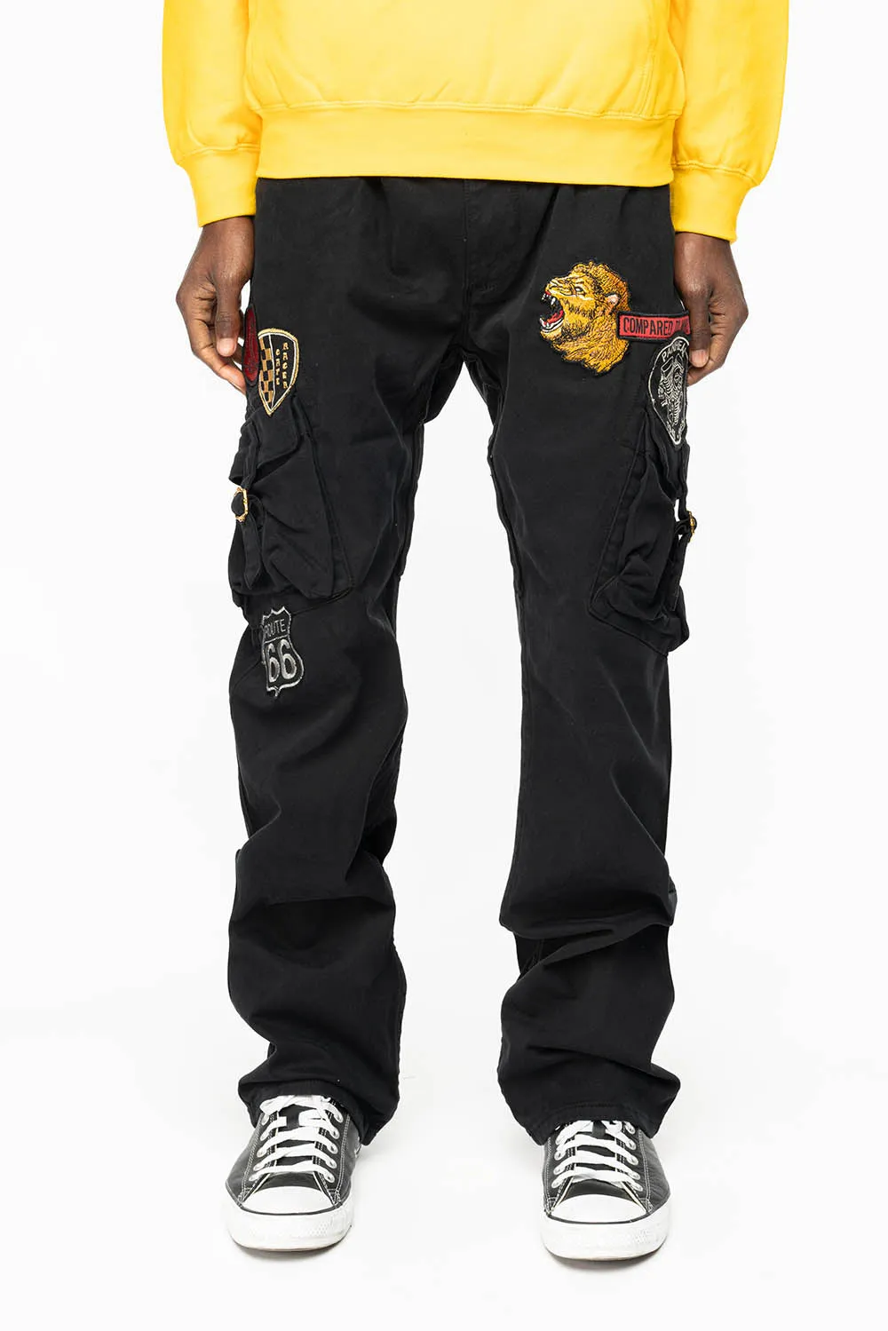 ROBINS NEW MILITARY STYLE CARGO PANTS IN BLACK COLOR WITH MULTIPLE PATCH