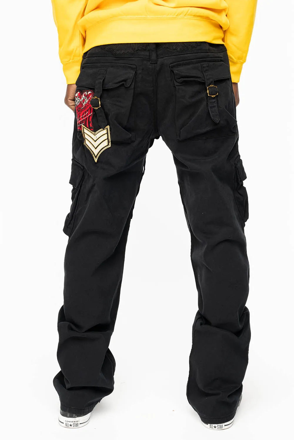ROBINS NEW MILITARY STYLE CARGO PANTS IN BLACK COLOR WITH MULTIPLE PATCH