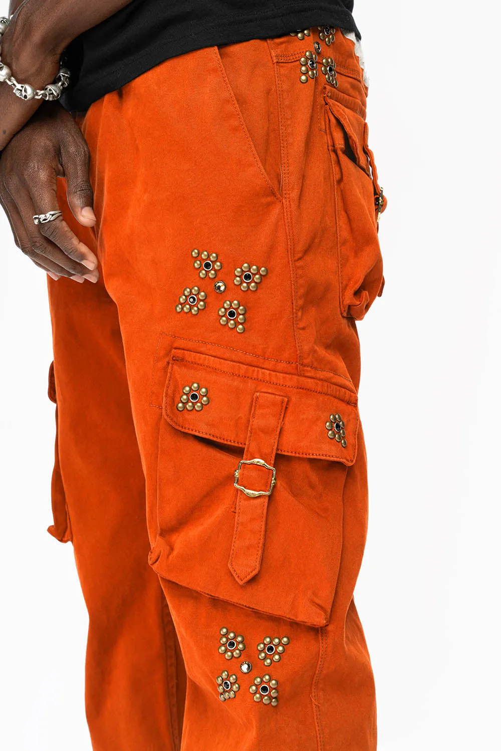 ROBINS NEW MILITARY STYLE CARGO PANTS IN ORANGE  WITH WESTERN CRYSTAL MOTIF