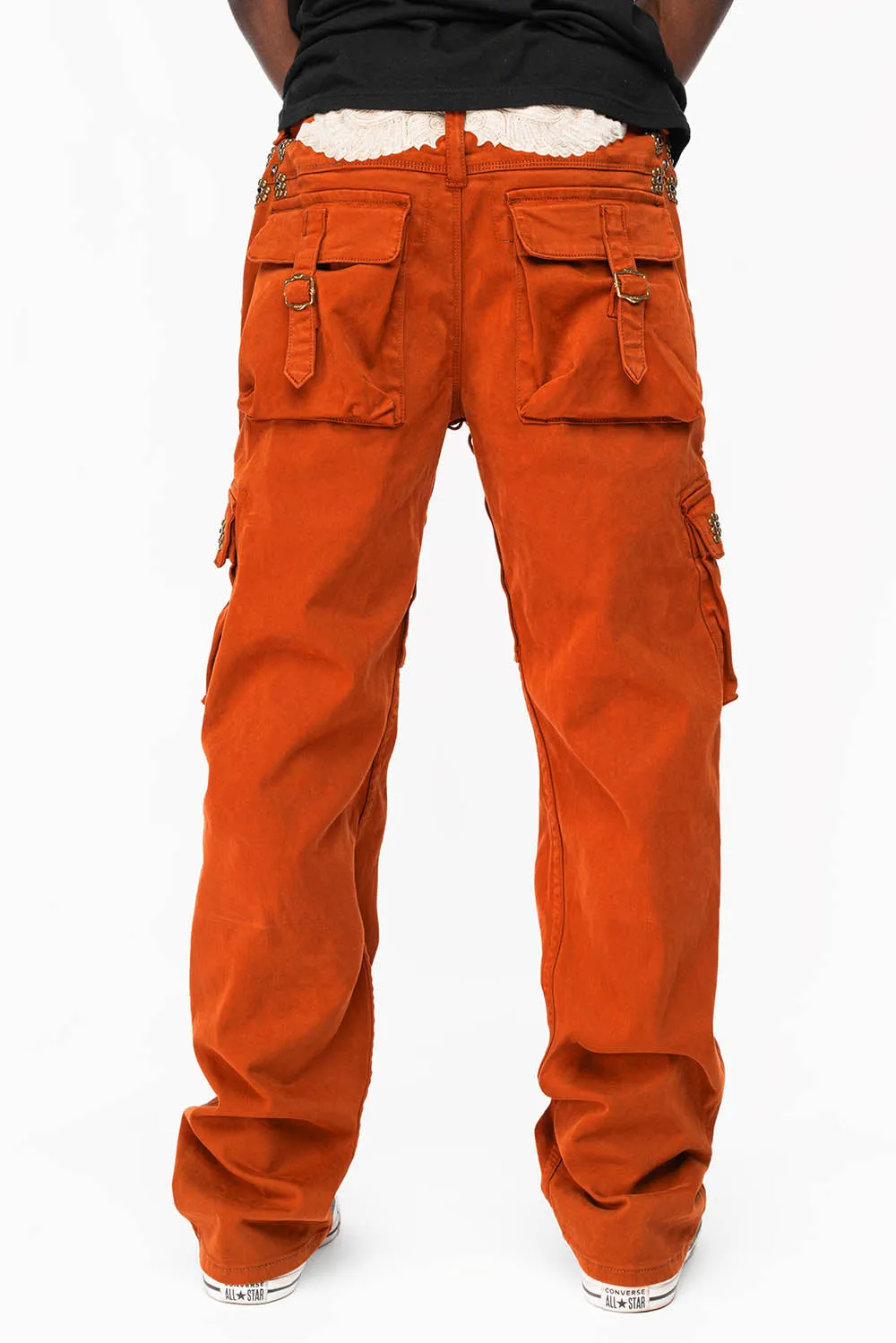 ROBINS NEW MILITARY STYLE CARGO PANTS IN ORANGE  WITH WESTERN CRYSTAL MOTIF