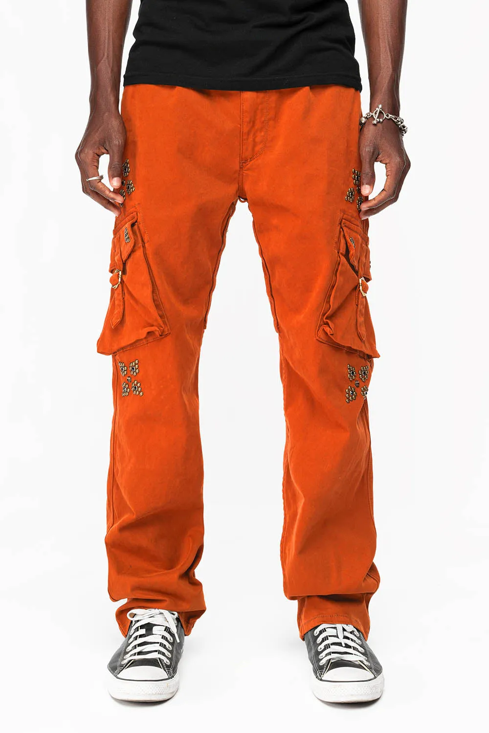 ROBINS NEW MILITARY STYLE CARGO PANTS IN ORANGE  WITH WESTERN CRYSTAL MOTIF