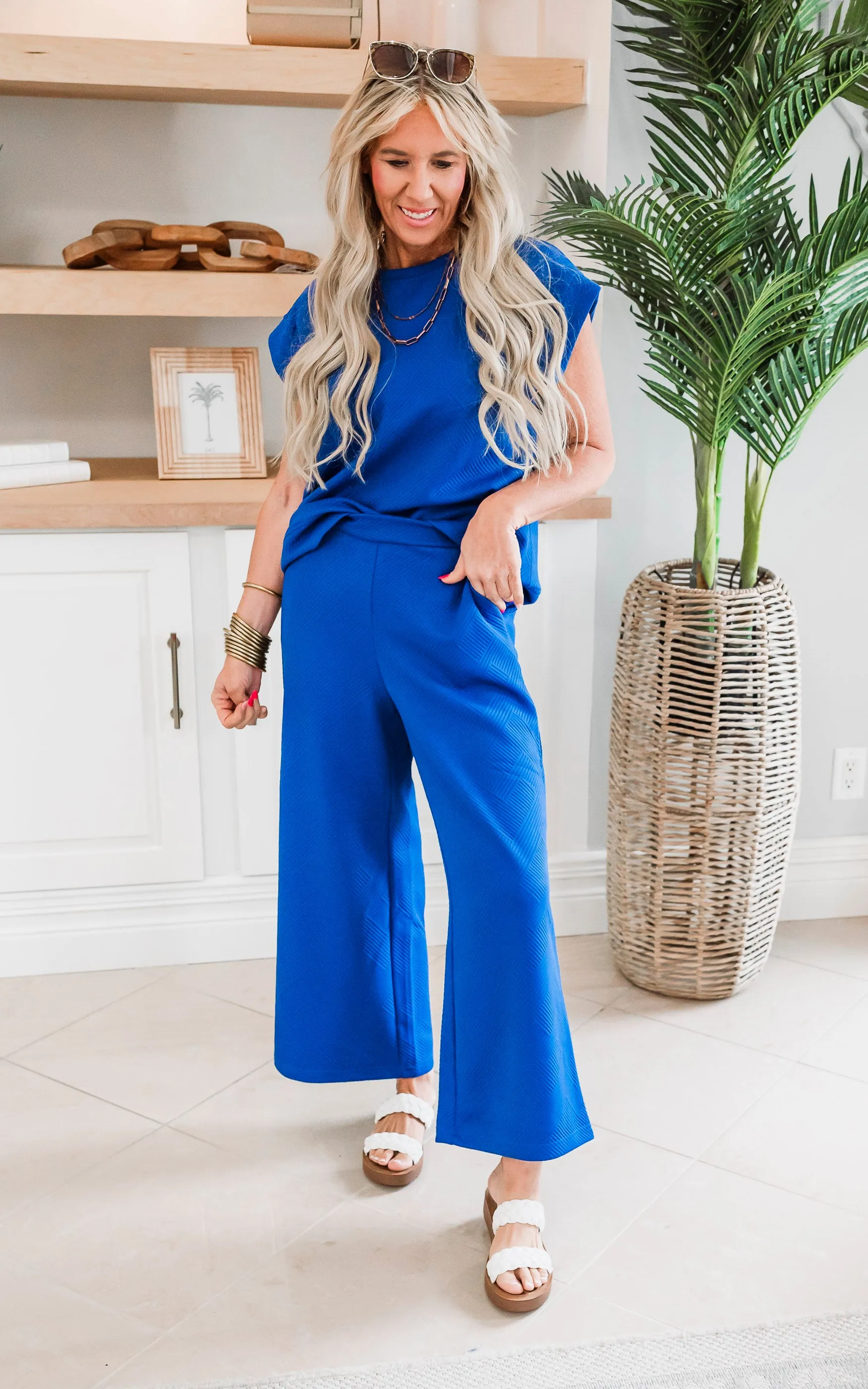 Royal Blue Textured Short Sleeve Tops - Final Sale