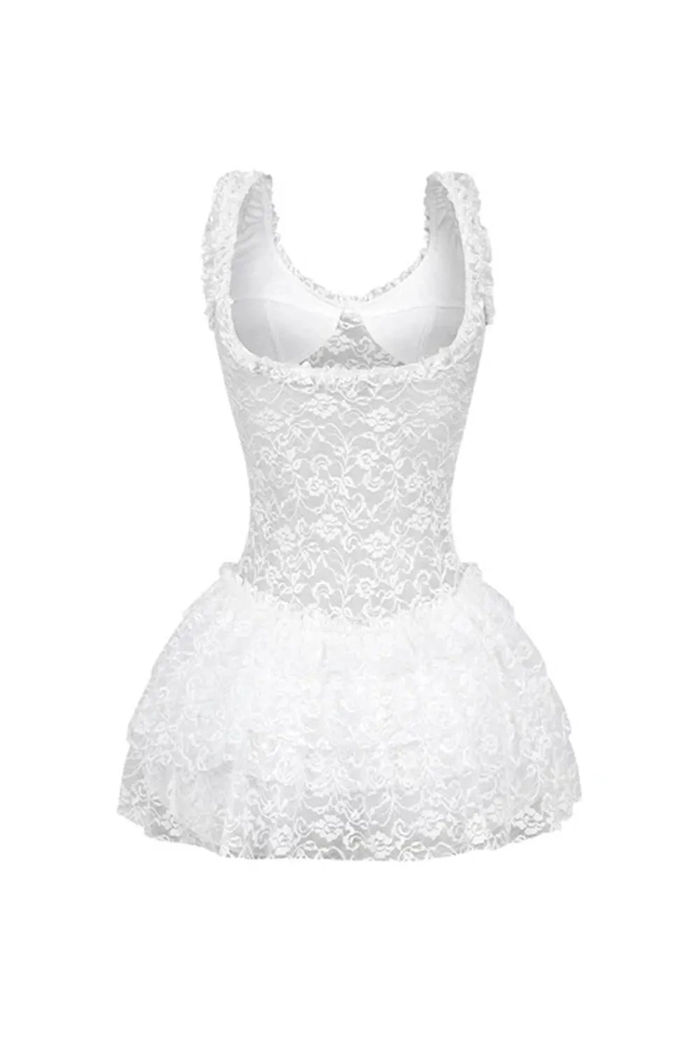 Ruffle Sleeveless Guipure Lace Patchwork Party Mini Dresses-White [Pre Order]