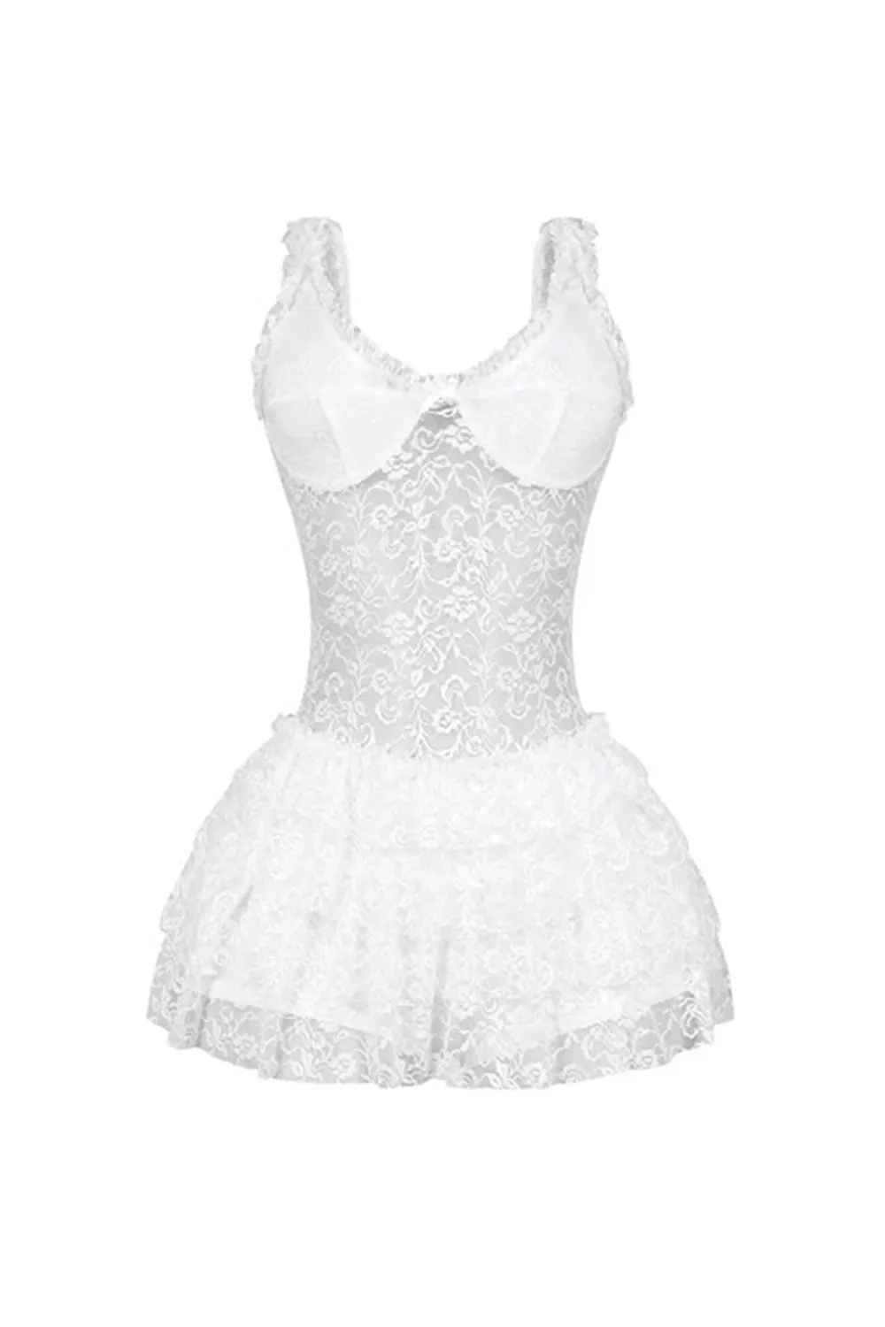 Ruffle Sleeveless Guipure Lace Patchwork Party Mini Dresses-White [Pre Order]