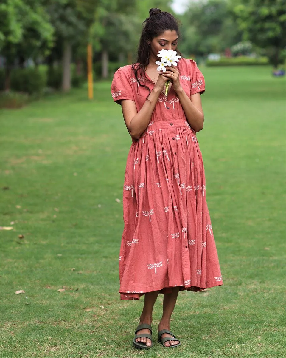 Rust Dragonfly Block Printed Cotton Dress-Mon