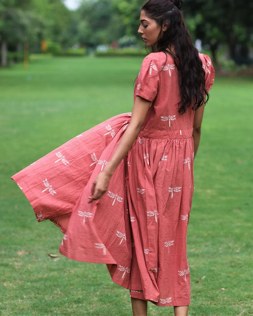 Rust Dragonfly Block Printed Cotton Dress-Mon