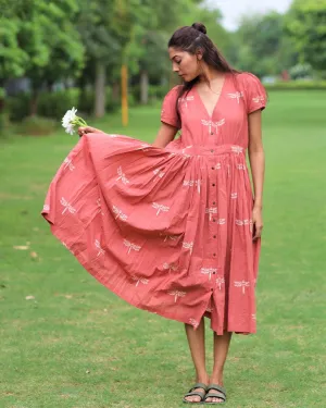 Rust Dragonfly Block Printed Cotton Dress-Mon