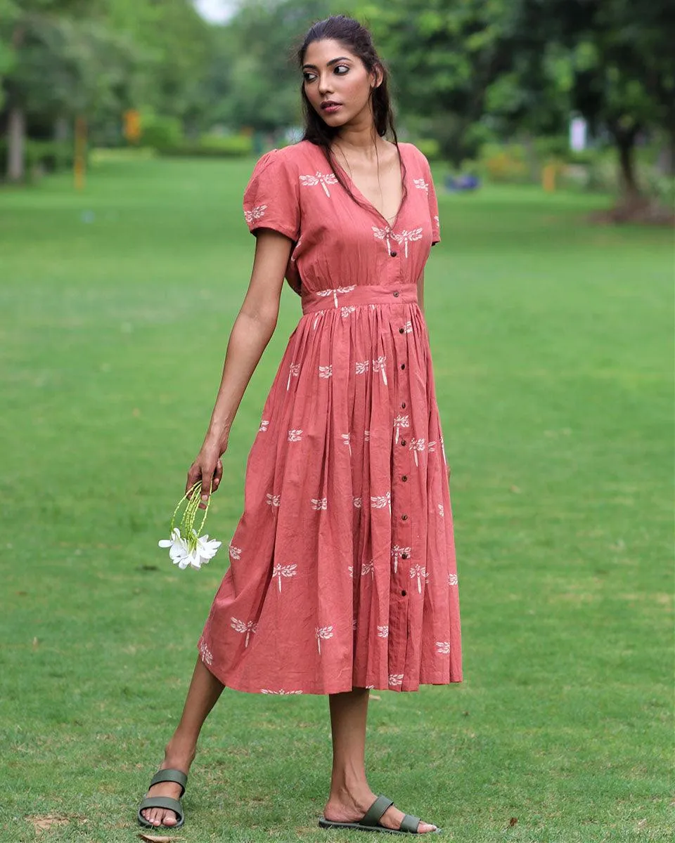 Rust Dragonfly Block Printed Cotton Dress-Mon